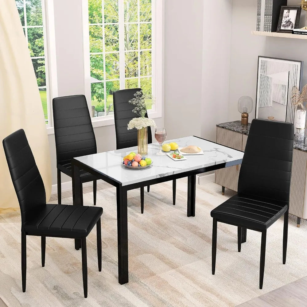 Rectangular Faux Marble Table and 4 PU-Leather Chairs, 5 Pieces Set