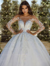 Princess Elegant Wedding Dresses Woman's Appliques Long Sleeve Sexy V Neck Backless Satin