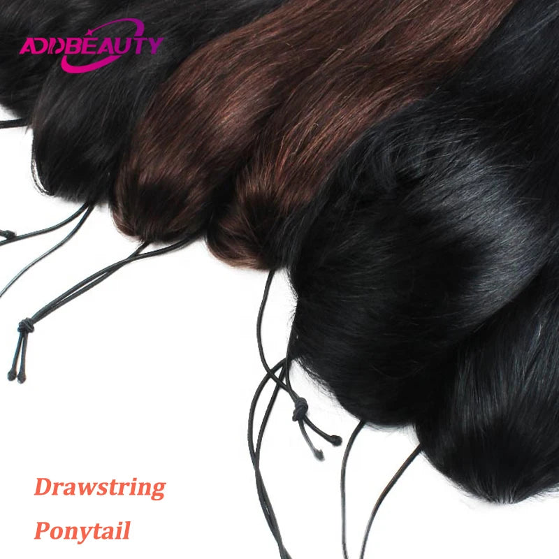 Drawstring Ponytail Human Hair Straight Real Natural Hair Extensions Drawstring Closure Fake Hair Tail for Women Ombre Blonde