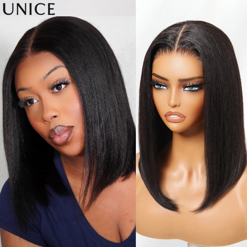 UNice Hair 7x5 & 13x4 Lace Yaki Straight Human Hair Bob Wig With Drawstring Pre Cut Pre Bleached Glueless Wig 150% Density