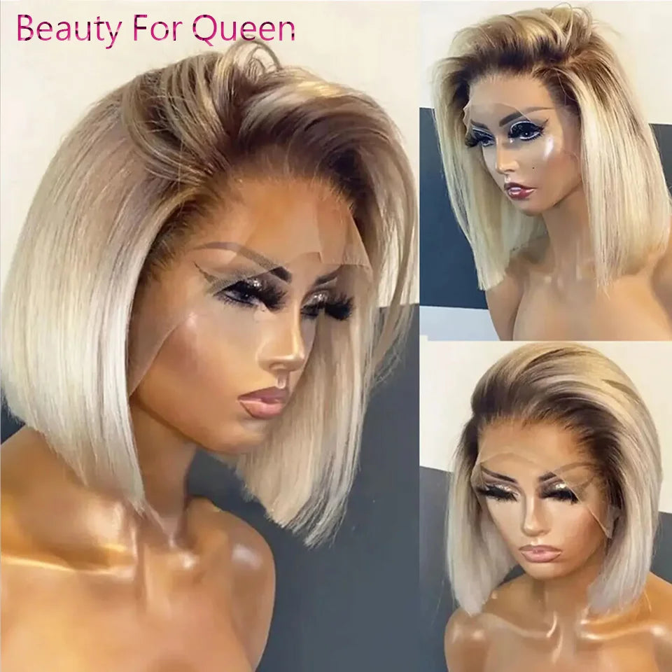 Ombre Blonde Short Bob Wig Lace Front Human Hair Wigs For Women Straight 180% Density Dark Roots Glueless 13x6 Lace Frontal Wig