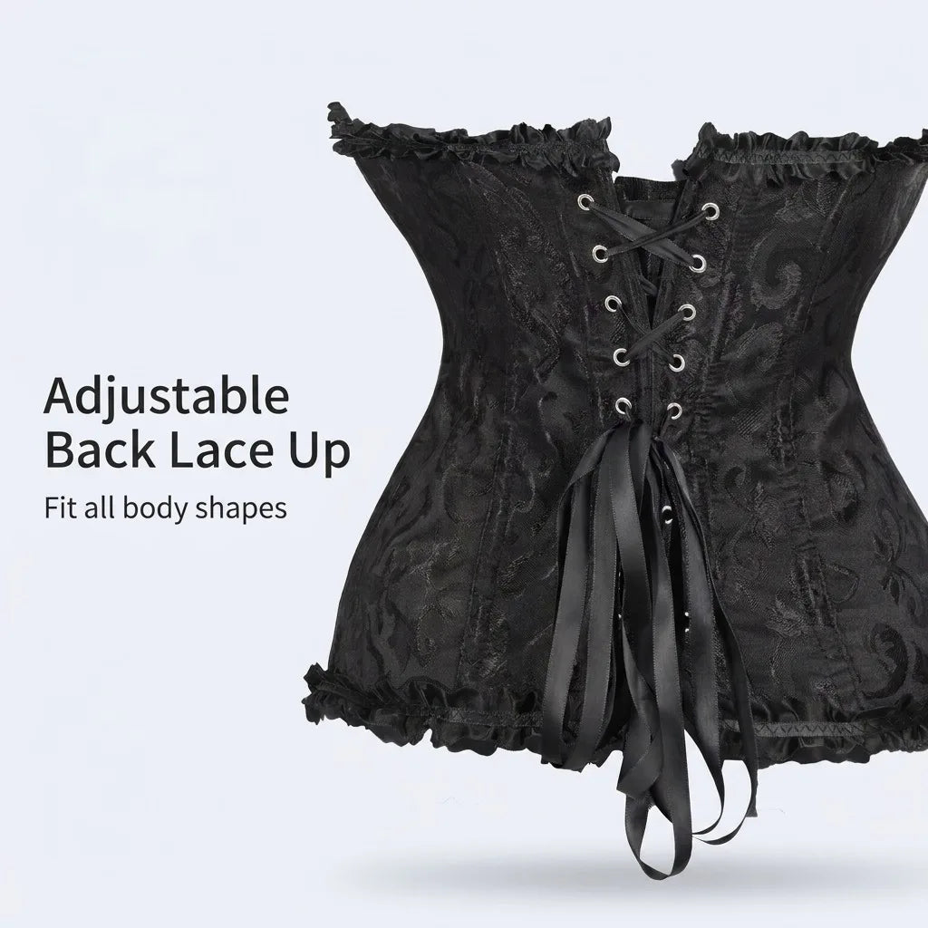 Halloween Women Corset Vintage Jacquard Bustier Top Front Buckle Ruffle Bow Lace Up Gothic Cosplay Party Body Shaper