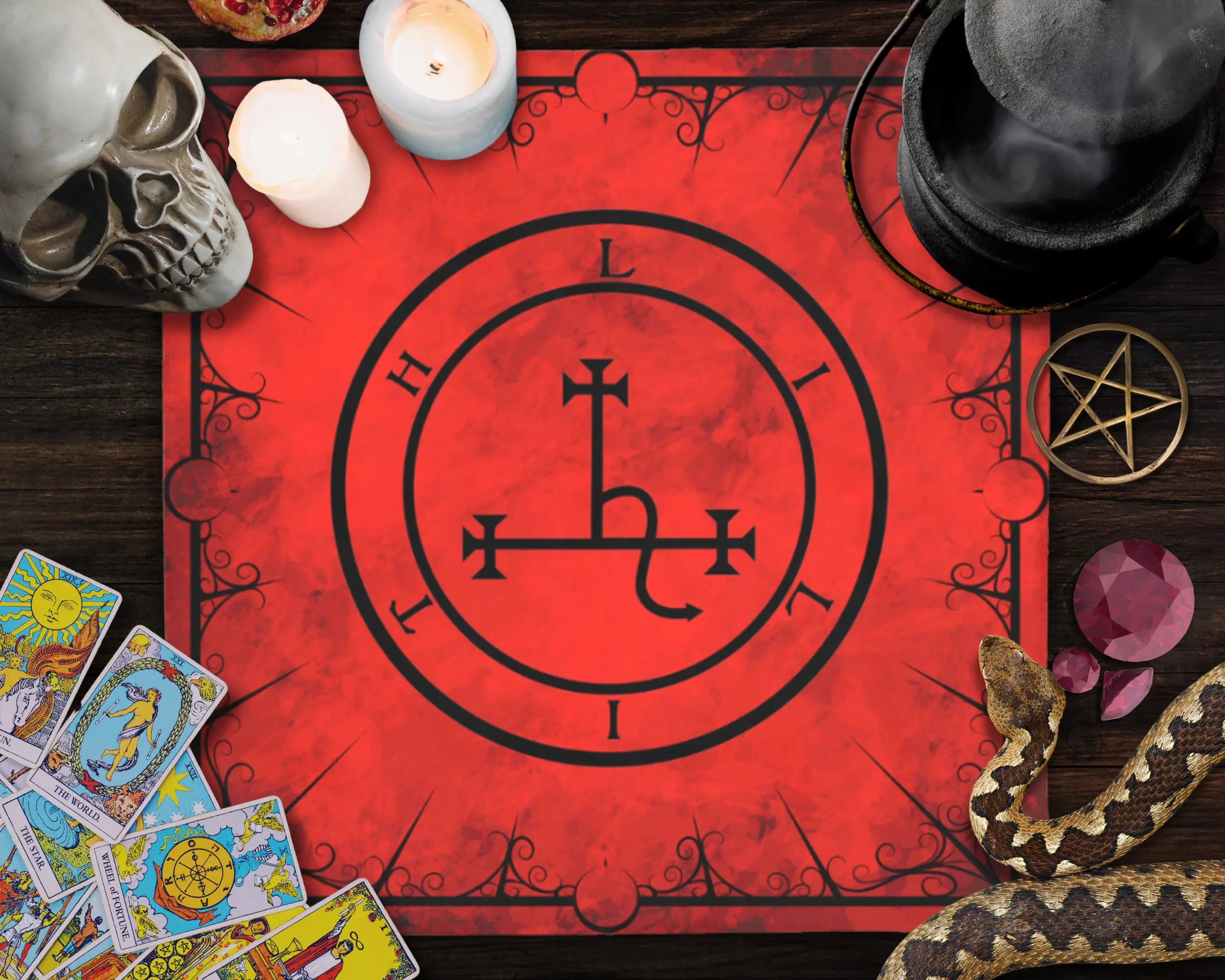 50/75/110/137cm Red Black Lilith Talisman Wallpaper Tarot Tablecloth Dark Witch Altar Cloth Ceremony Tarot Divination Tablecloth
