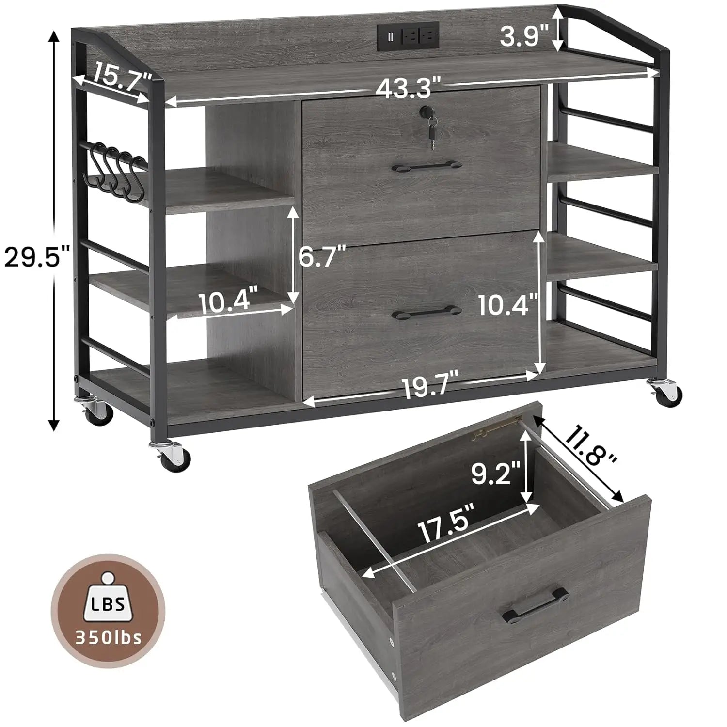 44in 2-Drawer Office File Cabinet Lockable Legal Letter Size with Power Strip and 6 Shelves