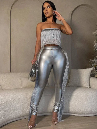 Sexy Metallic Tassels Pants Set Women 2 Piece Birthday Outfits Clubwear Strapless Crop Top and Pants Matching Sets