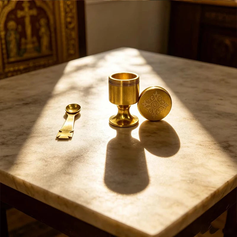 Christian Orthodox Religious Travel Chalice 4cm Mini Holy Oil Jar with Spoon Gold Silver Metal Altar Decor Communion Gift Set