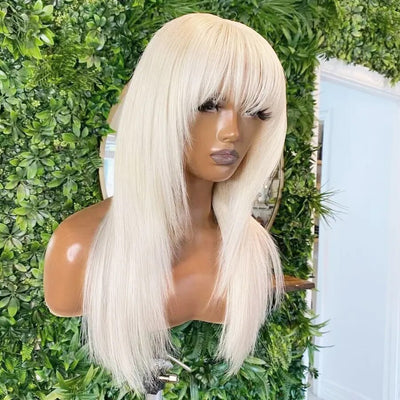 AIMEYA - Platinum Blonde Synthetic Lace Front Wig with Bangs