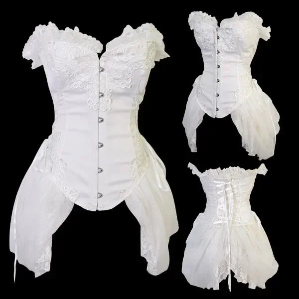 Sexy Satin Gothic With Tulle Overbust Victorian Corset Women Steampunk Elegant Wedding Bustier Burlesque Dress