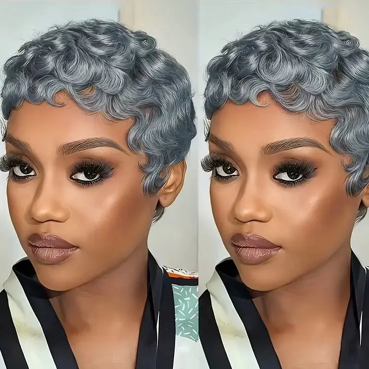 Grey Color Human Hair Wig Layered Short Curly Pixie Cut with Bangs Machine Made Wig Comfortable & Secure Fit