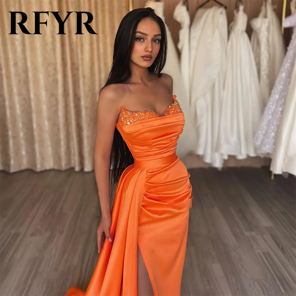 RFYR Mermaid Orange Evening Dresses for Women Stain Charming Prom Dress Mermaid Sexy Party Dress with Beaded vestidos de noche