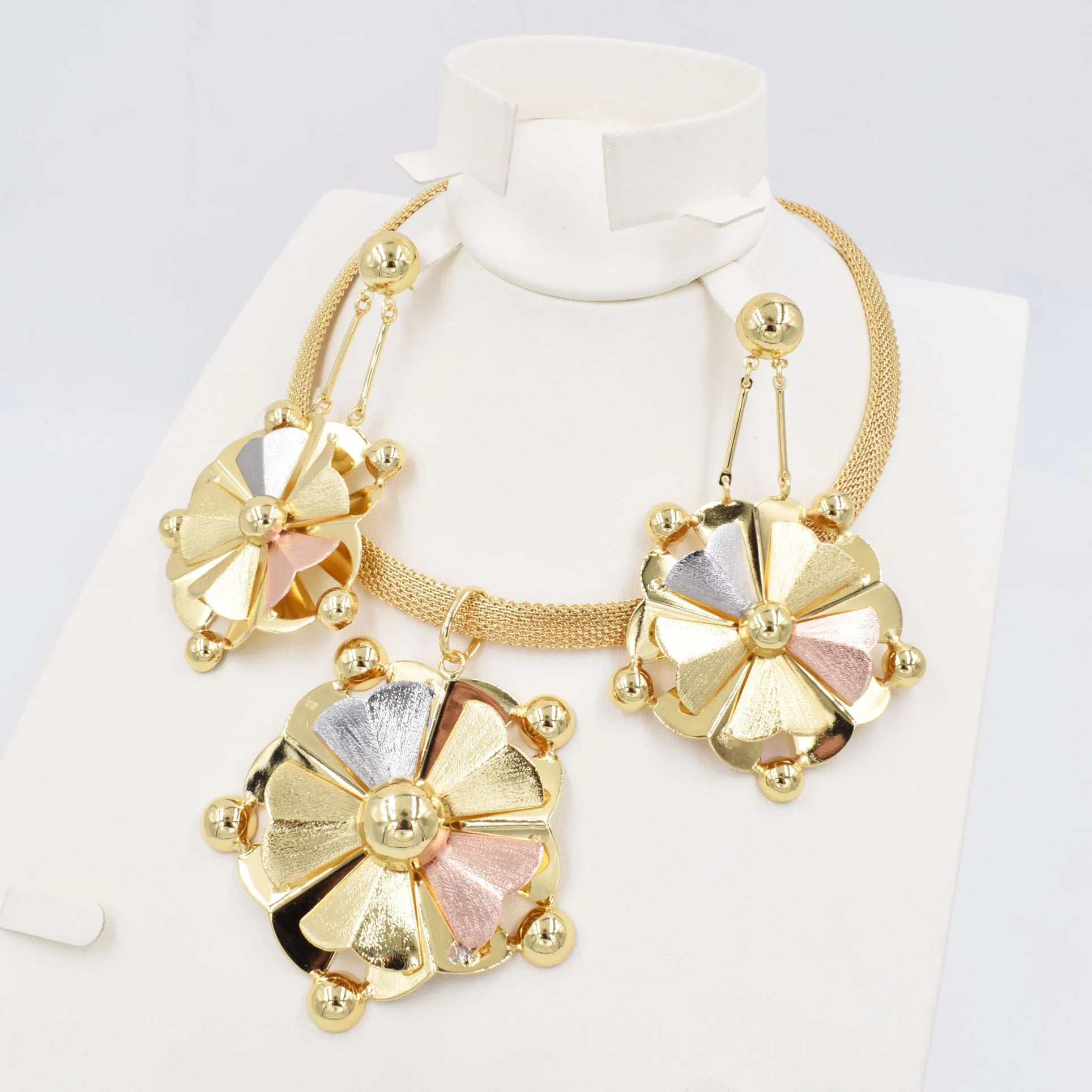 High-Quality Dubai Gold 3 Color Jewelry Set For Women