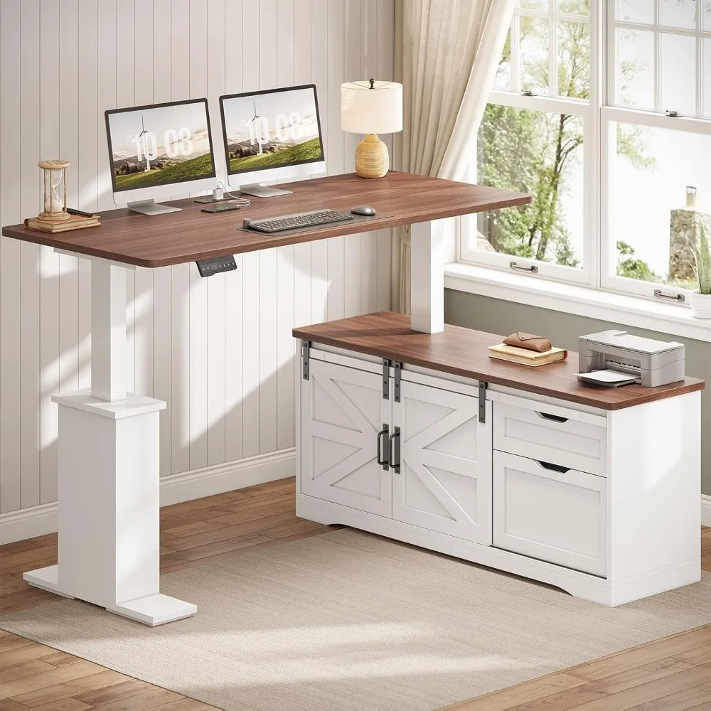 Farmhouse L-Shaped Standing Corner Desk, 55 inch Height Adjustable with Storage Drawers