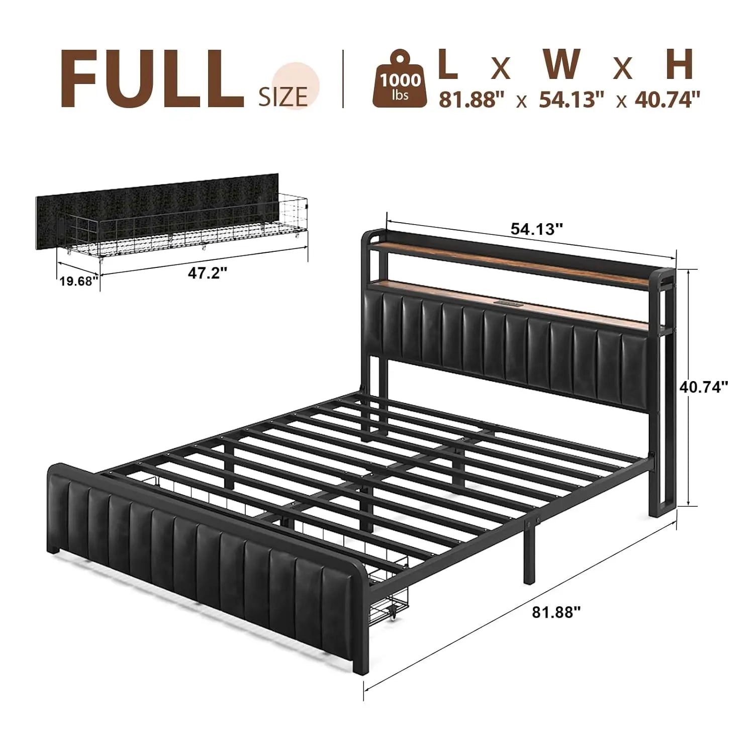Full Size Bed Frame with 2-Tier Storage Headboard, Metal Platform Bed Frame with Leather Storage Drawers, Built in, Customized