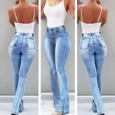 Women's High Waisted Ripped Bell Bottom Jeans