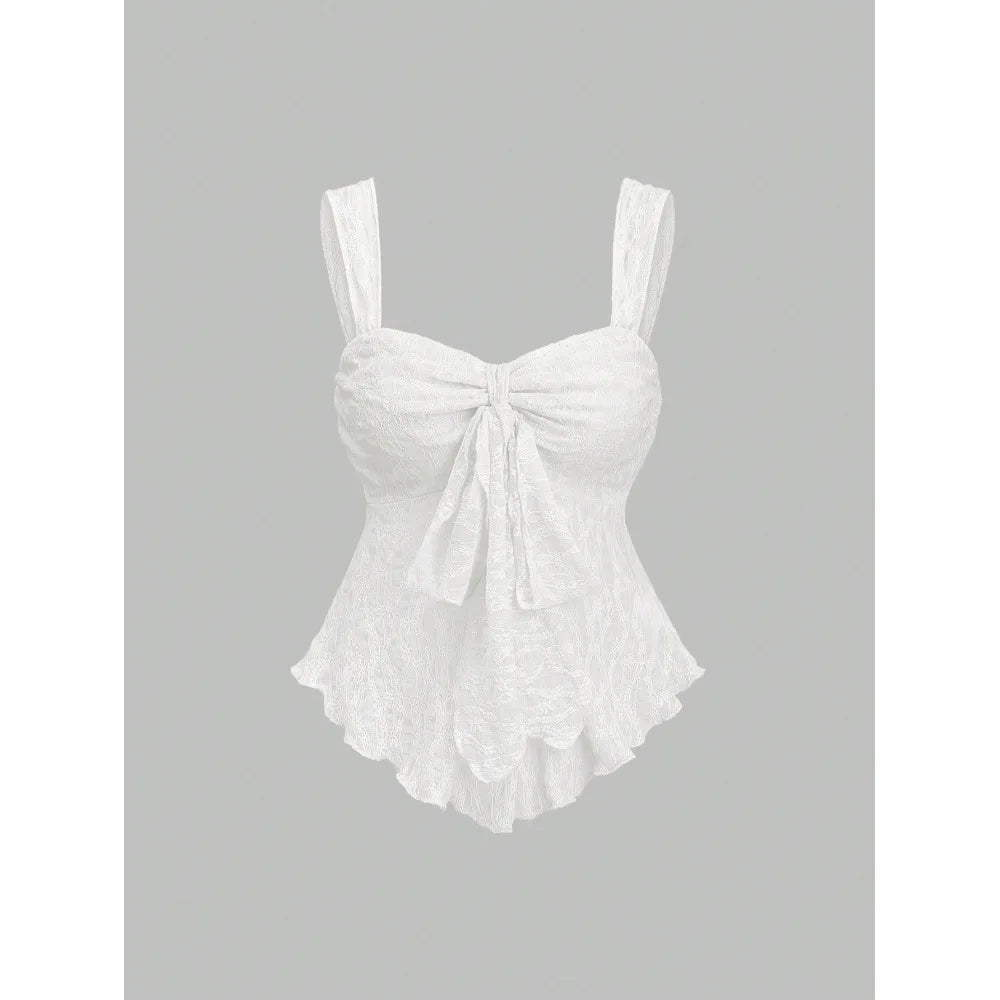French solid color lace jacquard camisole vest with bow decoration, waist cinching short top, gentle and pure style vest