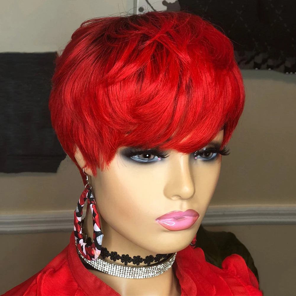 Red Human Hair Pixie Cut Wig Brazilian Virgin Human Hair Glueless