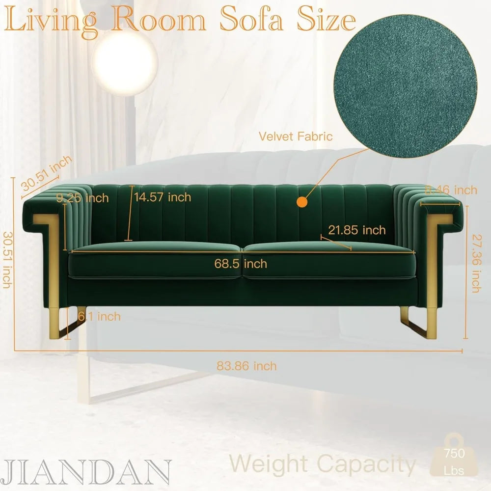 Mid-Century Modern Green Velvet Sofa with Gold Metal Legs