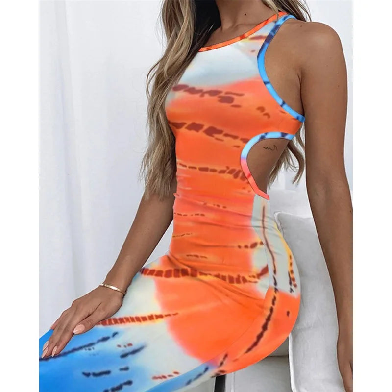 Women New Slim Vintage Hole Backless Tank Party Elegant Midi Dress