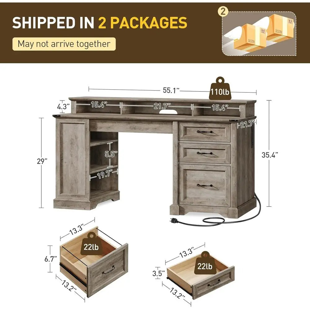 Home Office Desk with File Cabinet, Storage Shelf, Charging Station, Monitor Stand