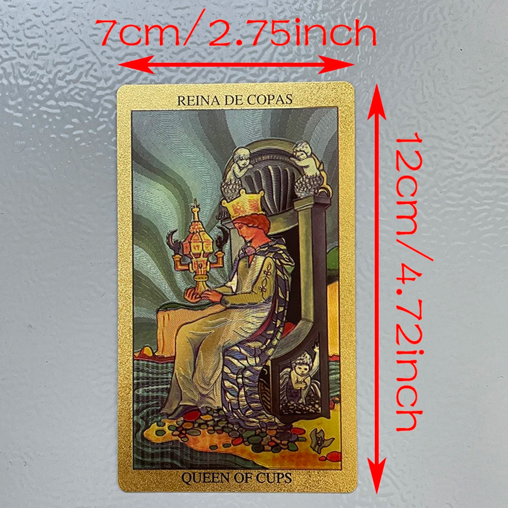 Spanish Gold Foil Tarot Cards 12x7cm Divination Deck for Beginners with 2 Languages