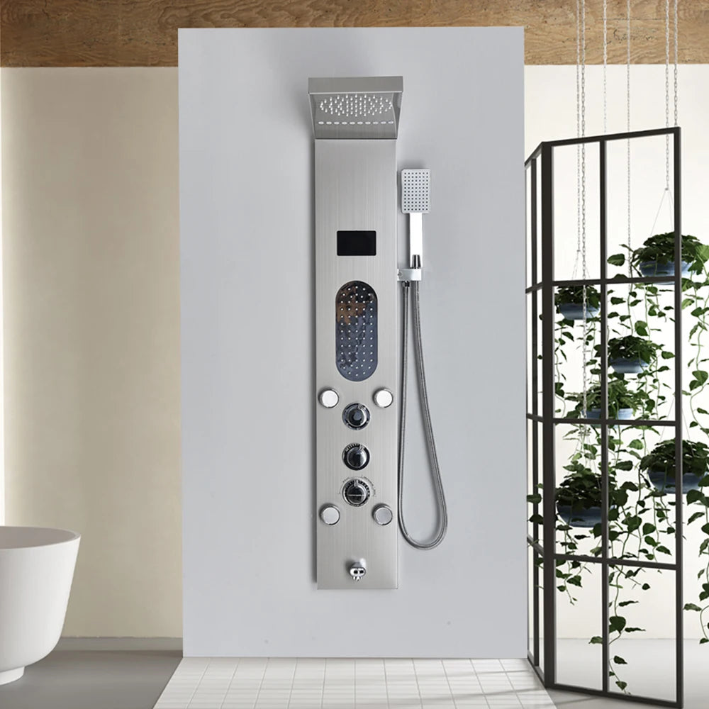 Golden Black Shower Panel Wall Rain Waterfall Shower Faucet Bathroom Shower Set APS Body Spray Jets Plastic Handshower Head
