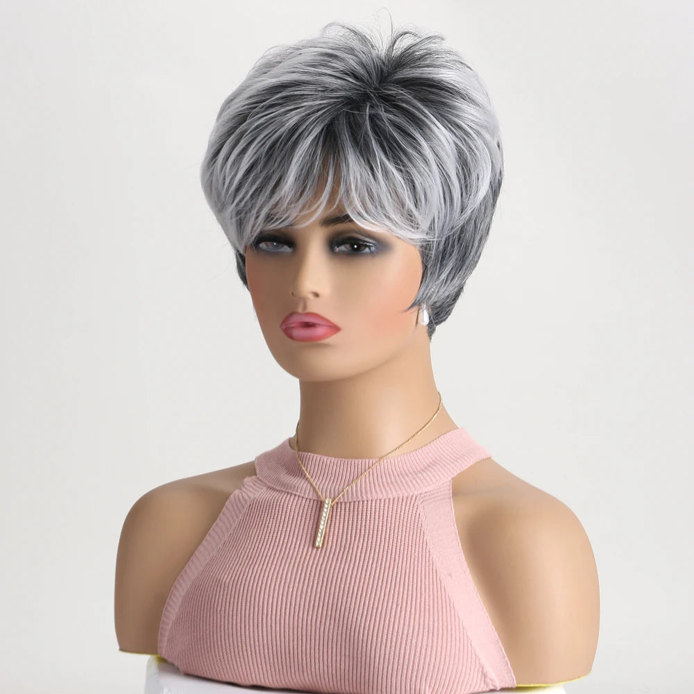 Synthetic Short Grey Ombre Natural Wig with Bangs