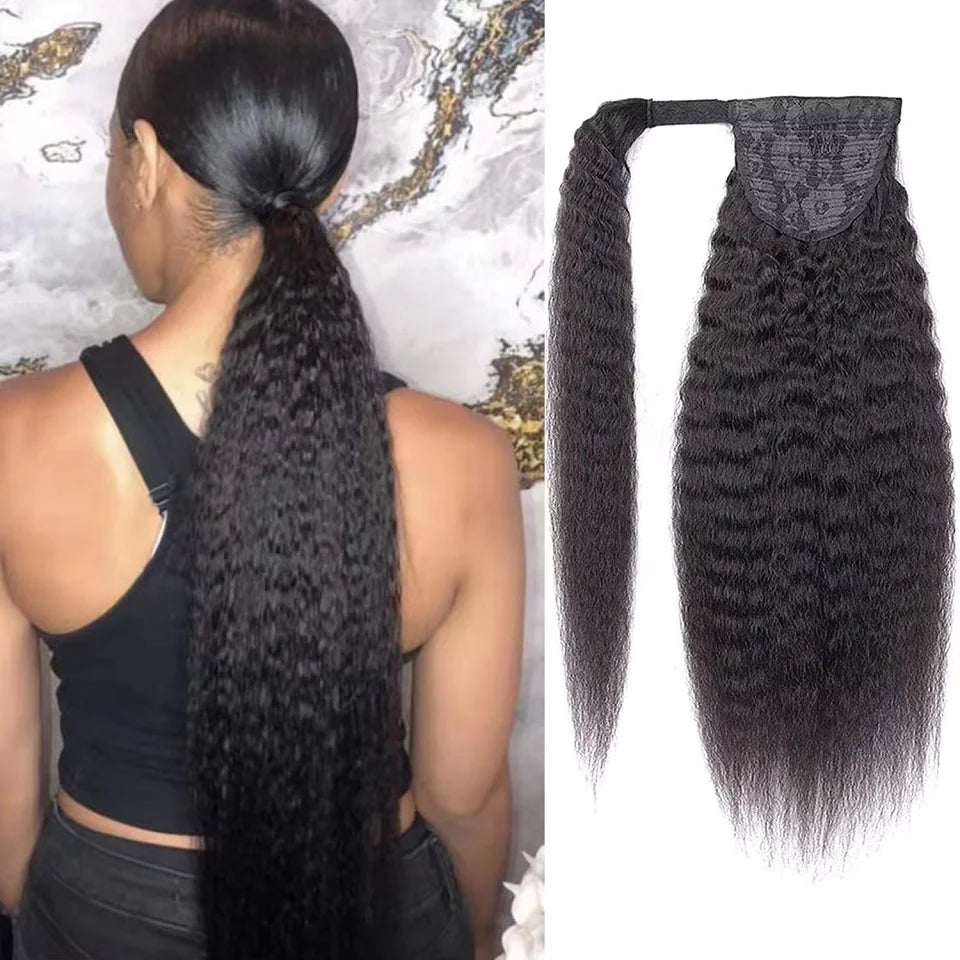 Kinky Straight Wrap Around Human Hair Ponytail with Clips Yaki Kinky Straight Magic Paste Ponytail Virgin Human Hair for Women