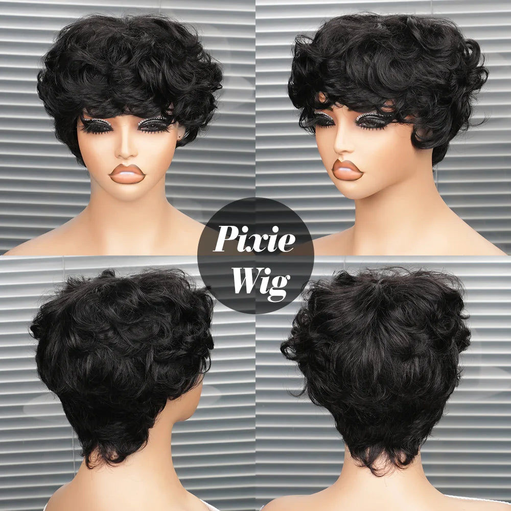 Short Curly Pixie Human Hair Wig, Glueless