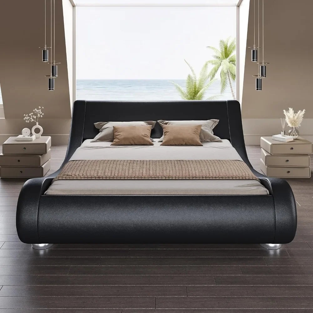 Low Profile Sleigh Bed with Faux Leather Ergonomics Headboard, No Box Spring Needed
