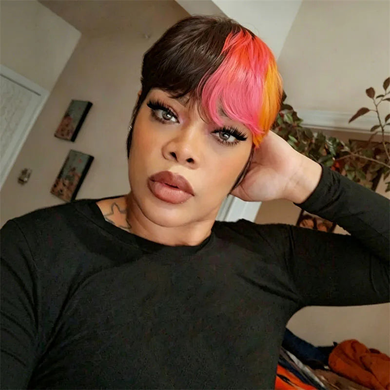 Short Pixie Cut Wig Brown With Orange Pink Highlights Full Machine Made Wig With Bangs Soft Smooth For Women Great For Daily Use