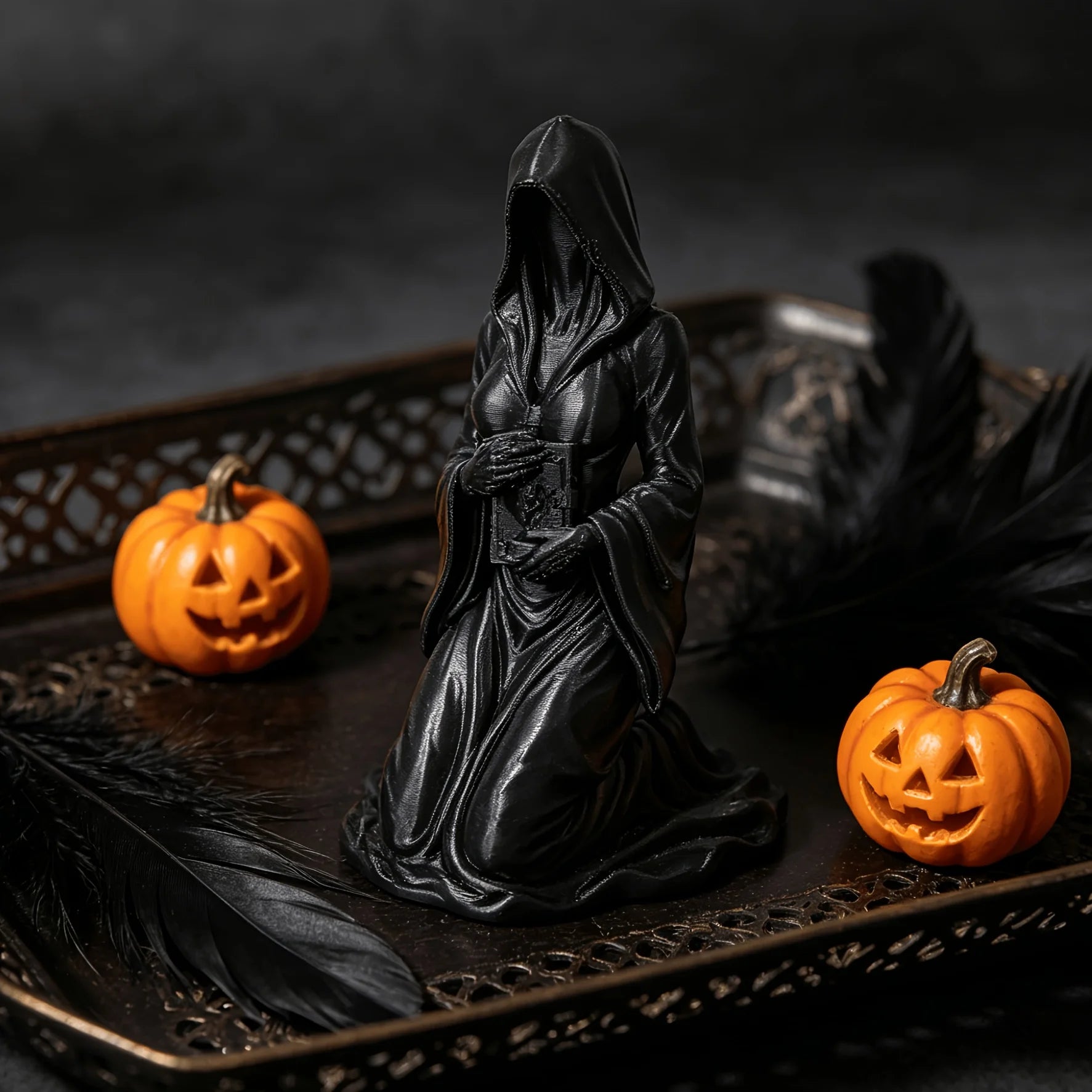 Gothic Hooded Female Grim Reaper Kneeling Figurine 3D Print Home Desktop Ornament Halloween Altar Decor Occult Collectible Gifts