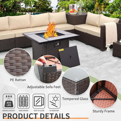 Brown Rattan Sectional Loveseat Outdoor Sofa With Storage Glass Top Coffee Table
