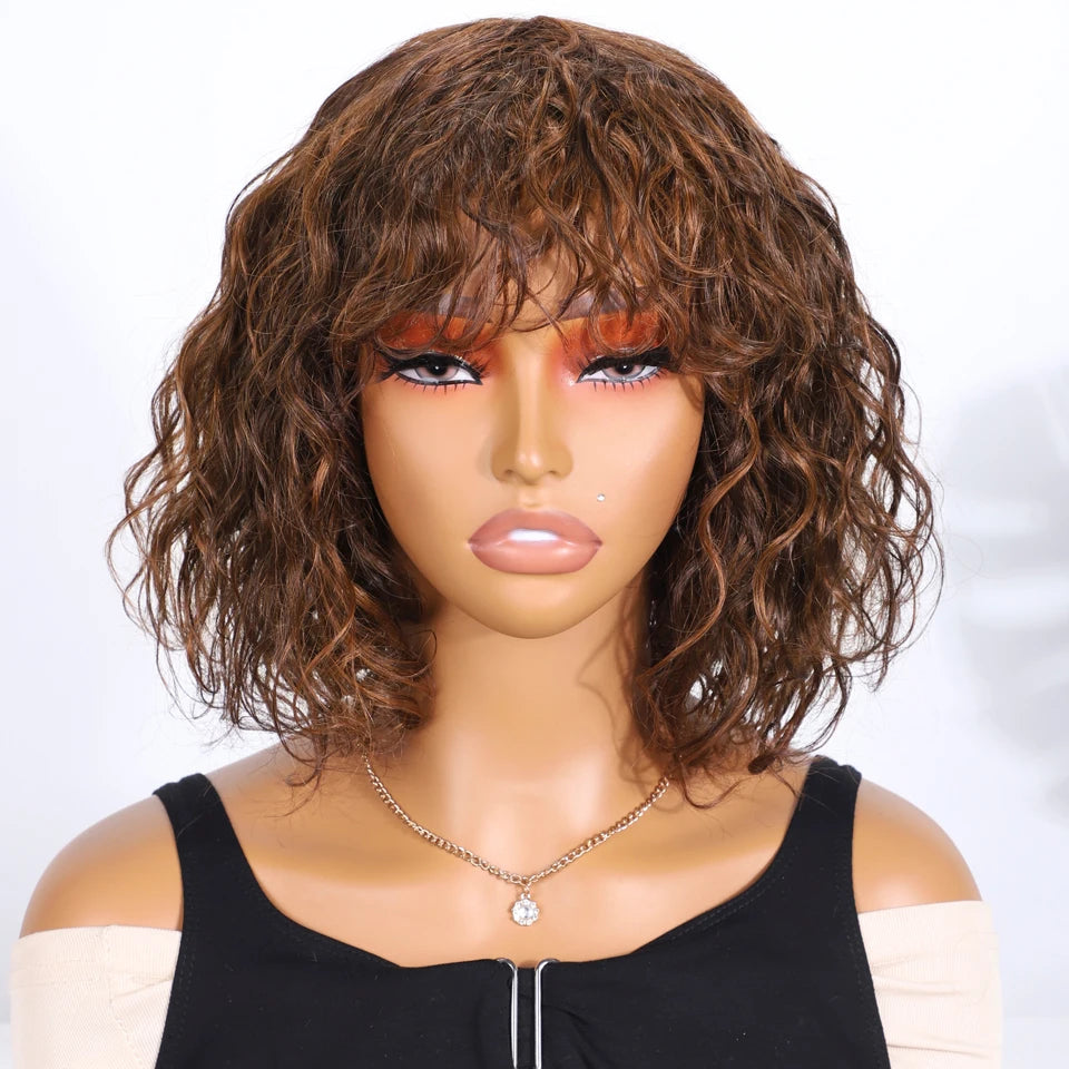 Lekker Brown Short Pixie Cut Deep Curly Bob Human Hair Wigs With Bangs For Women Brazilian Remy Hair Full Machine Made 10" Wig