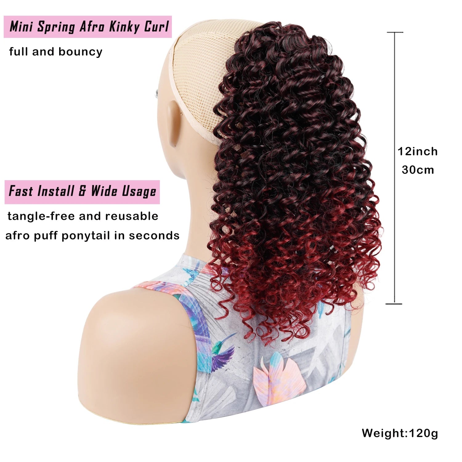 Short Mini Spring Curl Drawstring Ponytail Synthetic Afro Kinky Curly Hair Puff Double Combs Multi Color Gradient Hair Piece