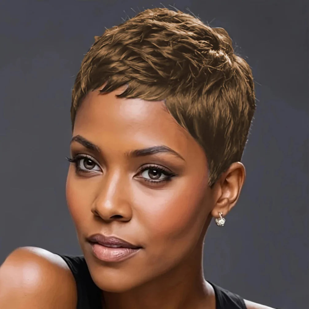 150% Density 4Inch Pixie Cut Curly Wave Human Hair Wig for Women Full Machine Made Wig for Daily Wear and Party