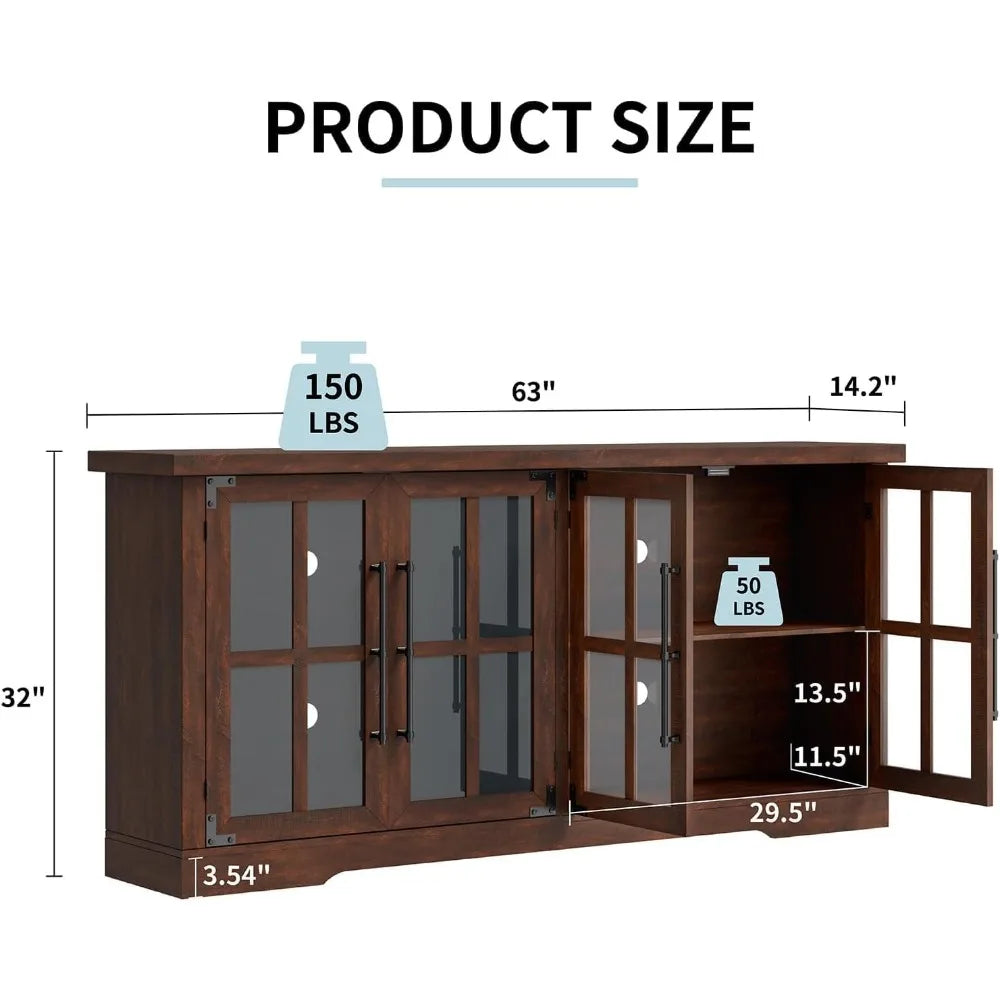Modern Farmhouse TV-Stand with 4 Glass Doors, Storage, and Adjustable Shelves