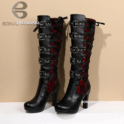 BONJOMARISA Platform Boots For Women Lace Up Chunky High Heel Mid Calf