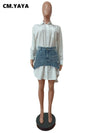 Vintage Long Sleeve Turn-down Collar Shirt Blouse Dress with Denim Jean Mini Skirt, 2-Piece Set