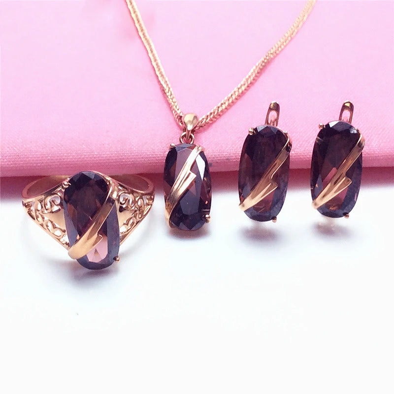 New 585 purple gold plated 14k rose gold inlaid oval delicate ruby luxury jewlery set wedding rings earrings for women necklaces