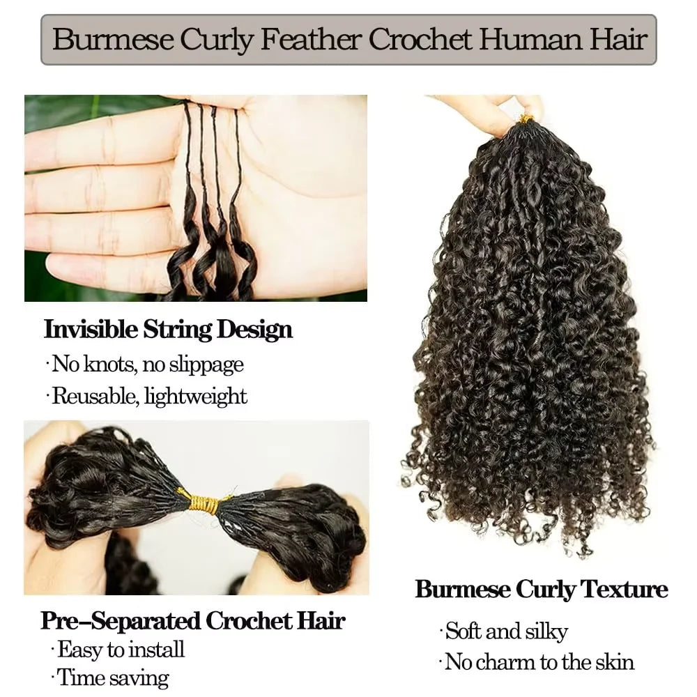 16A Burmese Curly Crochet Human Hair Knotless Pre-Separated Crochet Feather Hair Extensions Curly 100% Human Hair