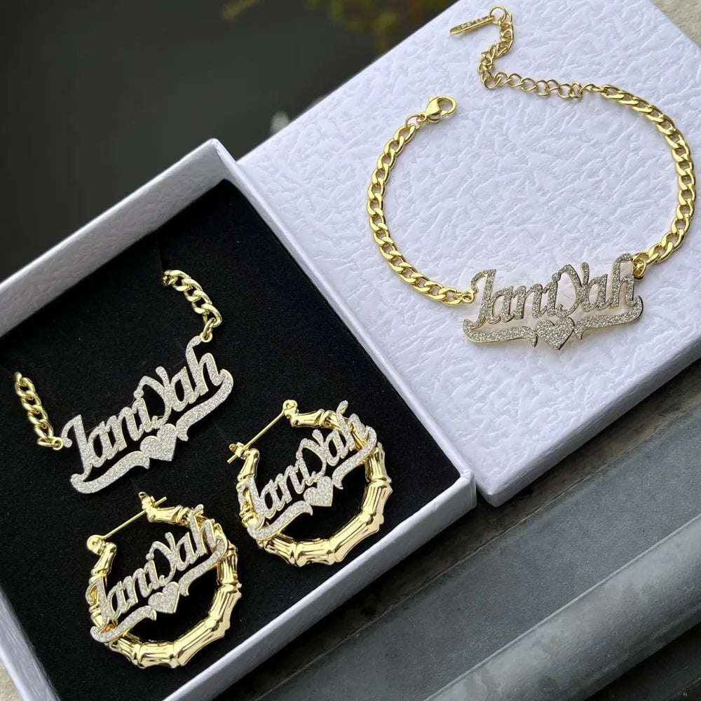 DUOYING Custom Bamboo Set Personalized Cuban Chain Namaplate Necklace Bling Thicker Letter Bracelet 30mm Bamboo Hoops Jewelry