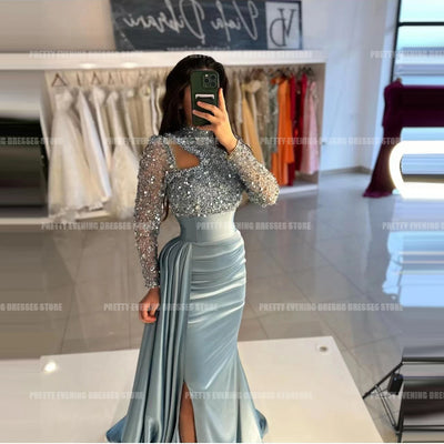 Sexy Glitter Beads Long Sleeve Side Split Formal Satin Party Prom Gowns