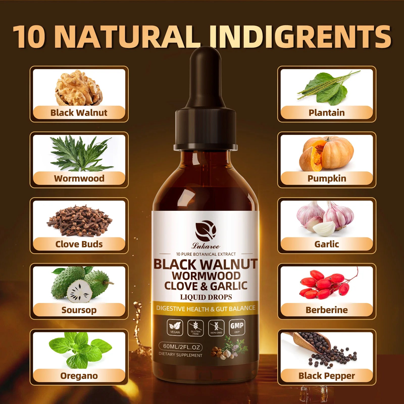 Black Walnut Wormwood Drop,Rapid Gut Cleanse & Digestive Health with Clove Garlic Turmeric 98% Absorption,Vegan Gluten-Free