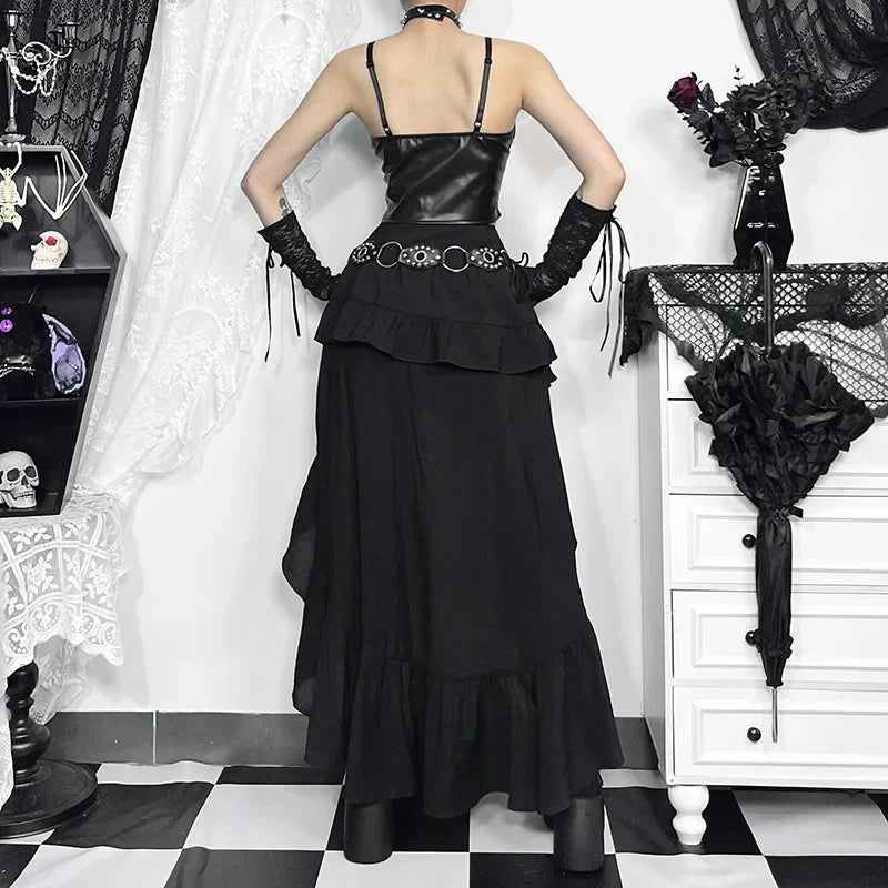 CORLVON Asymmetric Tiered Gothic Maxi Skirt
