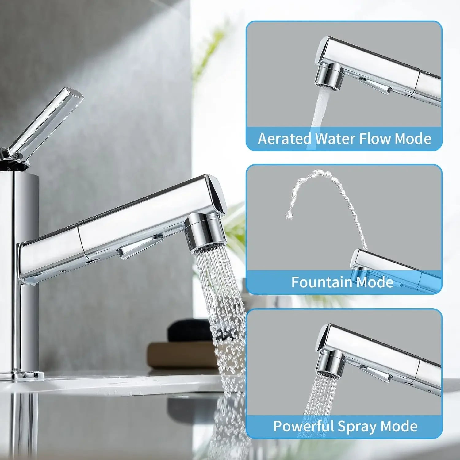 Bathroom Pull Out Taps with Pull Down Spray, Swivel Spout Faucet