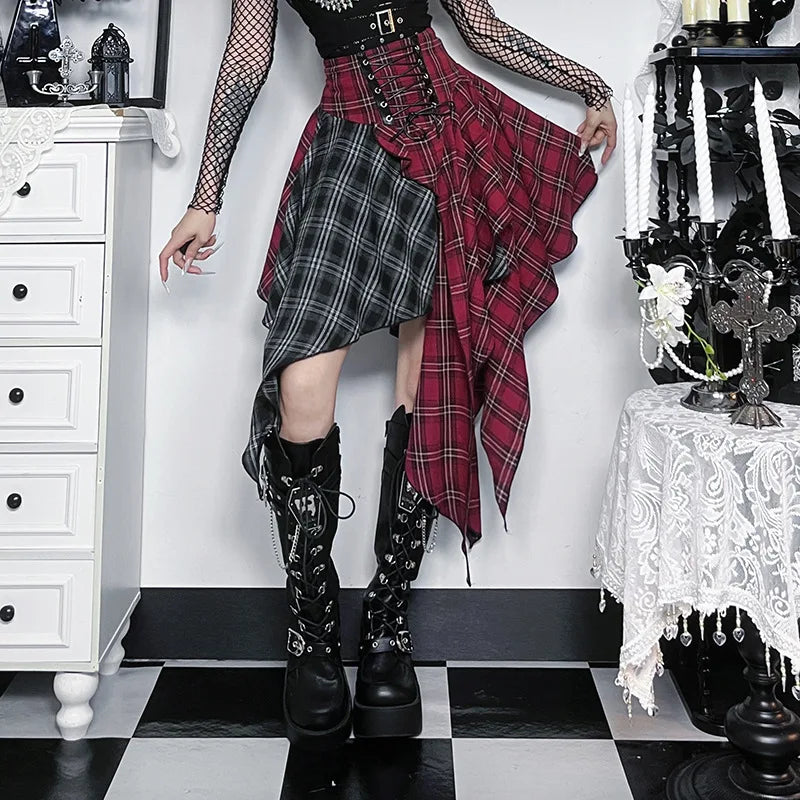 Gothic Plaid Asymmetric Midi Skirt