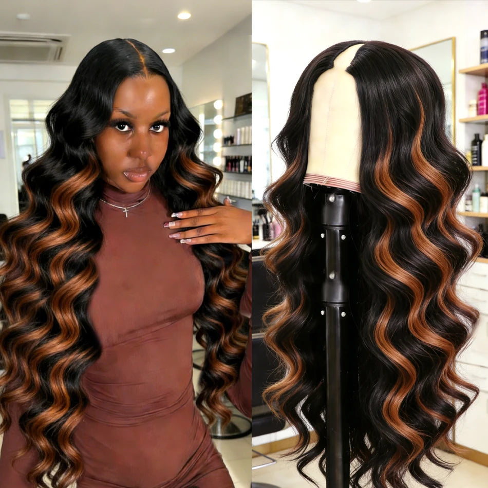 250 Density Highlight P1B30 V Part Wig Human Hair Body Wave Upgrade VShape Clip In Half Wig With Adjustable Drawstring For Women