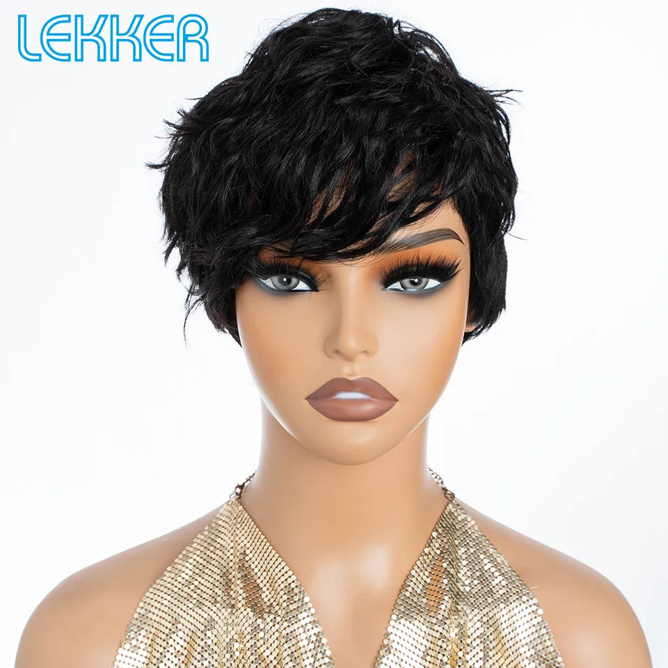 Lekker Clearance Black Short Pixie Cut Bob 100% Human Hair Wigs For Women Brazilian Remy Hair Full Machine Made Office Summer
