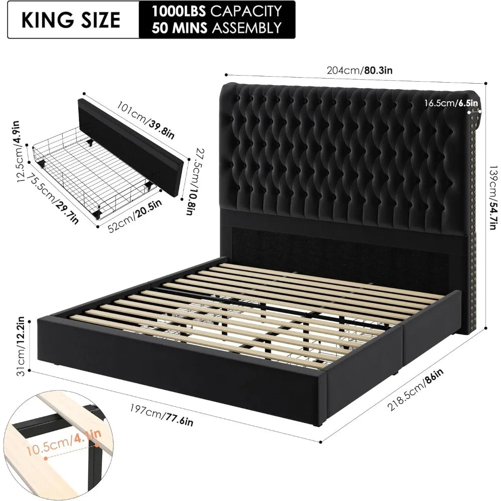 Gorgeous King Size Bed Frame 55" Tall Headboard with 4 Under-bed Storage Drawers - Nellie's Way Beauty, Inc.