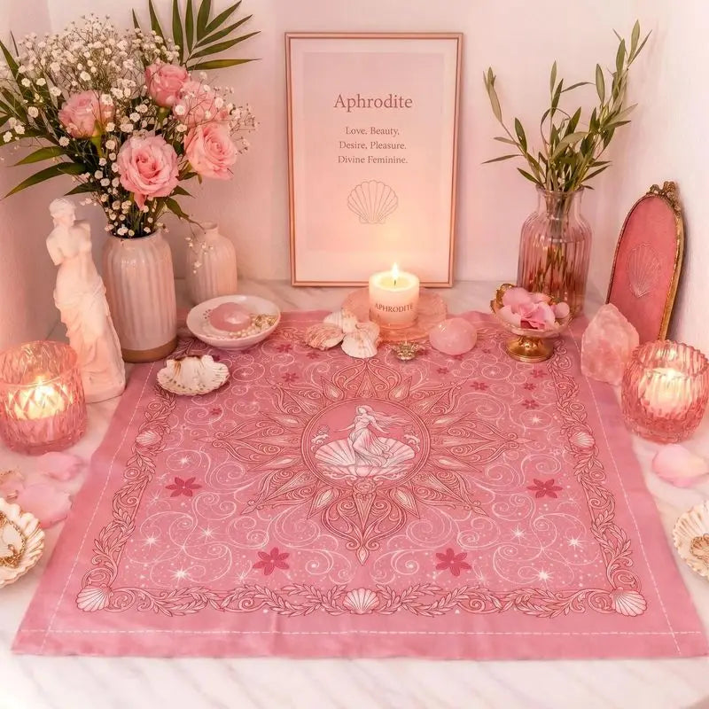 Tarot Altar Cloth Pink Aphrodite Venus Goddess Seashell Floral Witchy Divination Mat for Wicca Spiritual Ritual Home Decor